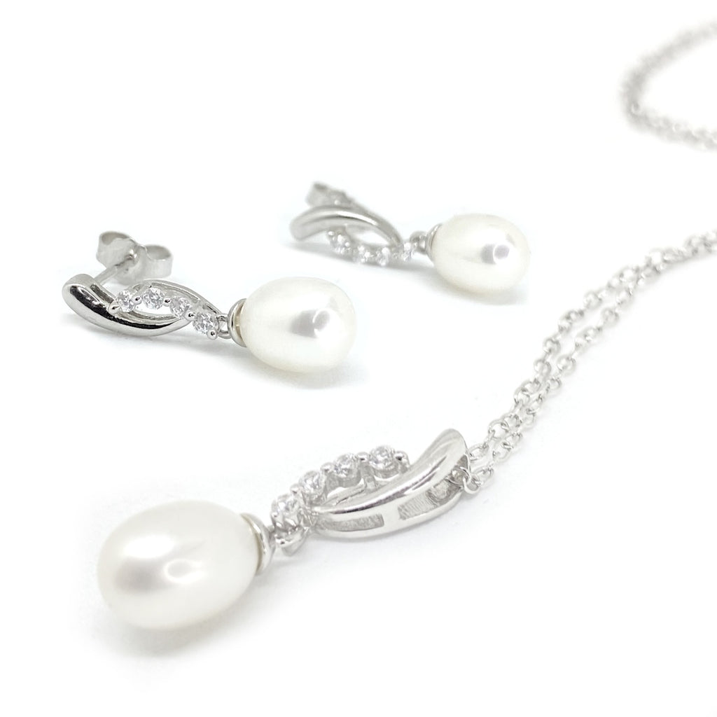 Pearl & Cubic Zirconium Pendant<BR/> & Earring Set