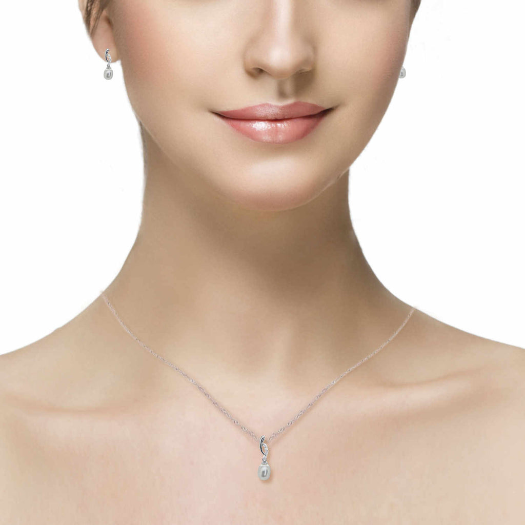 Pearl & Cubic Zirconium Pendant<BR/> & Earring Set