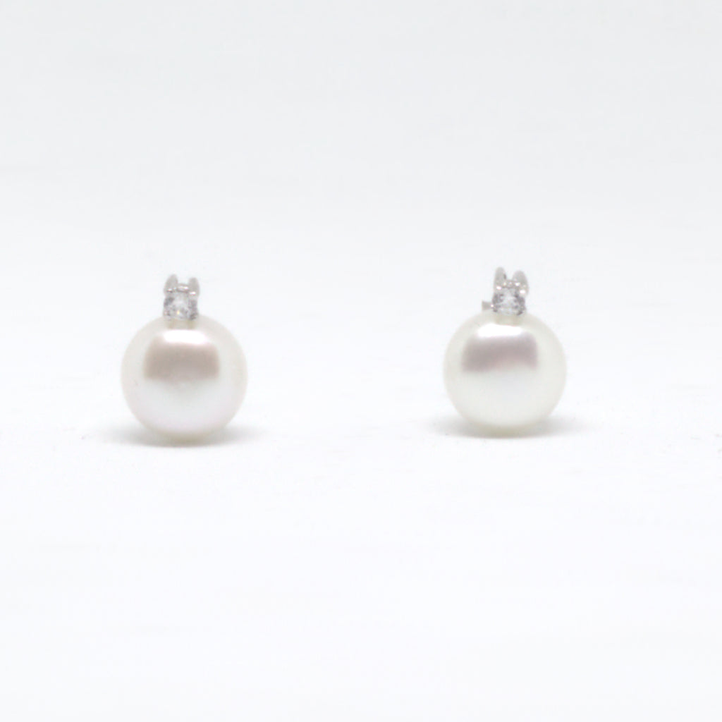 White Pearl & Cz Silver <BR/>Stud Earrings