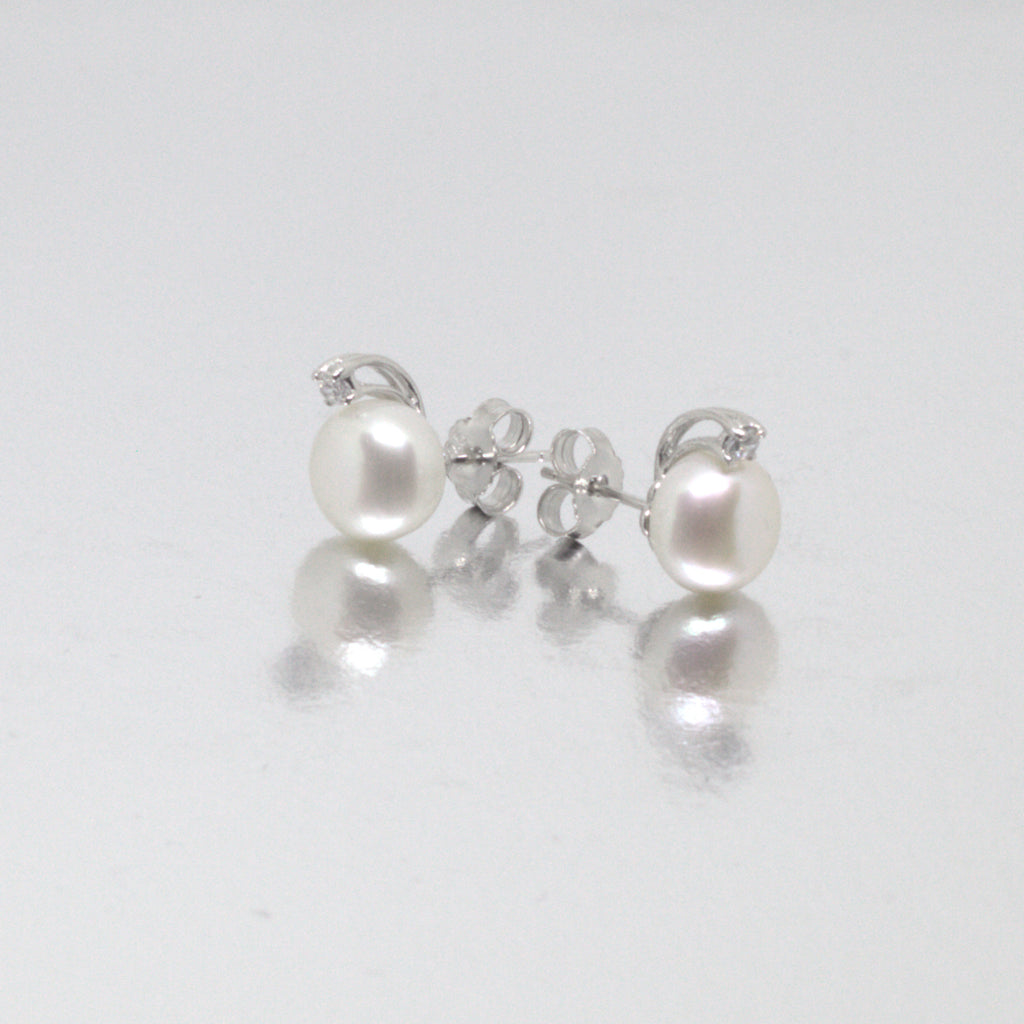 White Pearl & Cz Silver <BR/>Stud Earrings