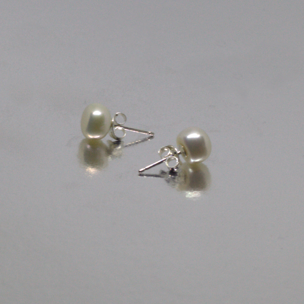 White Deep Button Pearl <BR/>Stud Earrings
