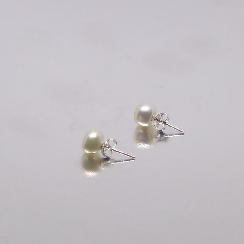 White Deep Button Pearl <BR/>Stud Earrings
