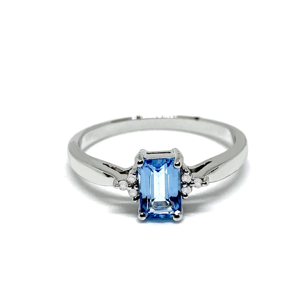 Emerald Cut Blue Topaz & Diamond <br>White Gold Ring
