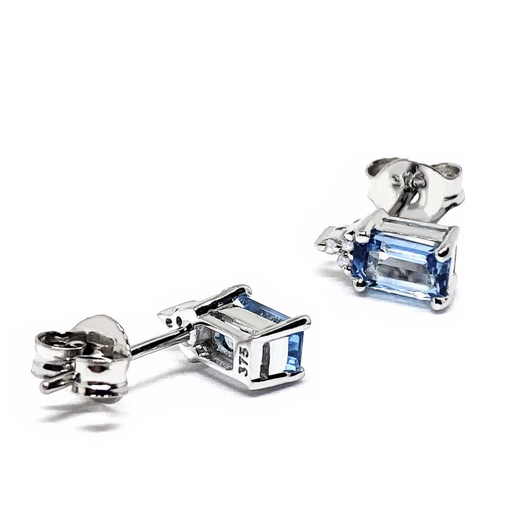Emerald Cut Blue Topaz & Diamond<BR/> White Gold Earrings