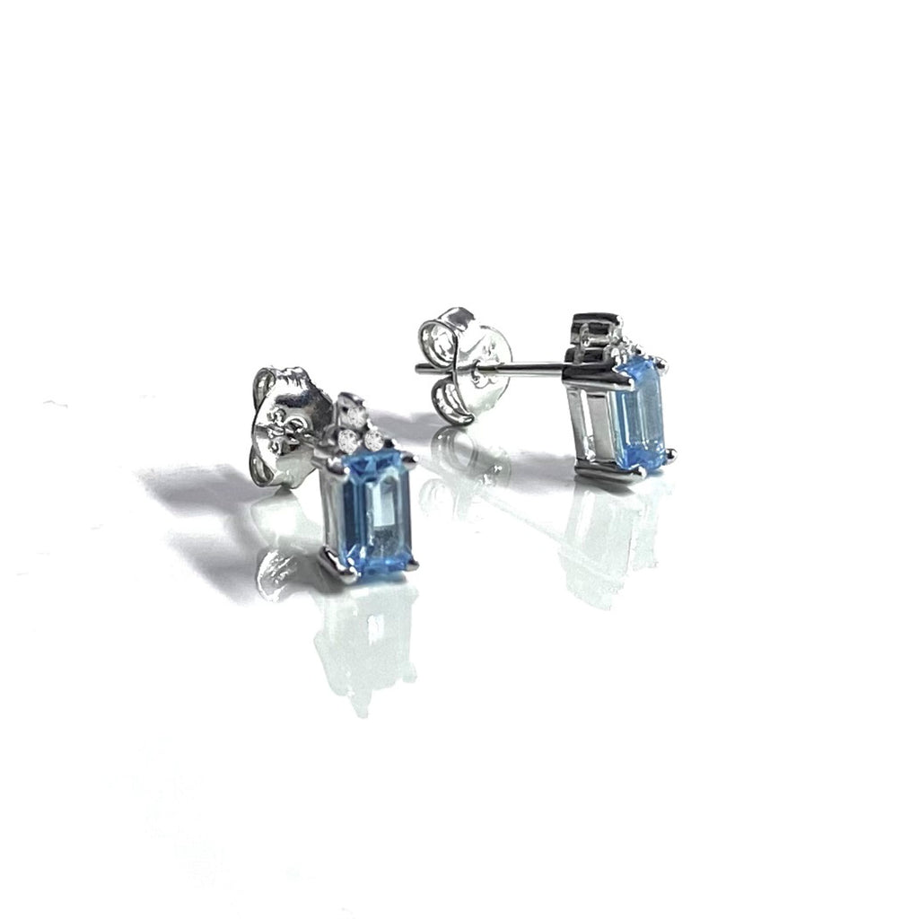 Emerald Cut Blue Topaz & Diamond<BR/> White Gold Earrings
