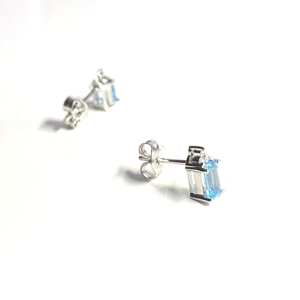 Emerald Cut Blue Topaz & Diamond<BR/> White Gold Earrings