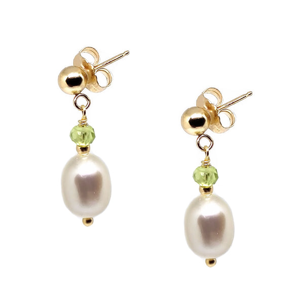 Pearl & Peridot <BR/>Gold Drop Earrings