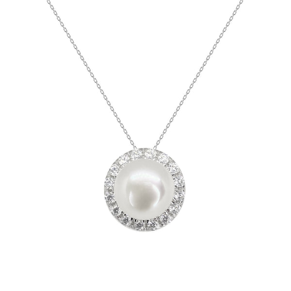 Pearl & Cubic Zirconium Pendant<BR/>Cluster Necklace