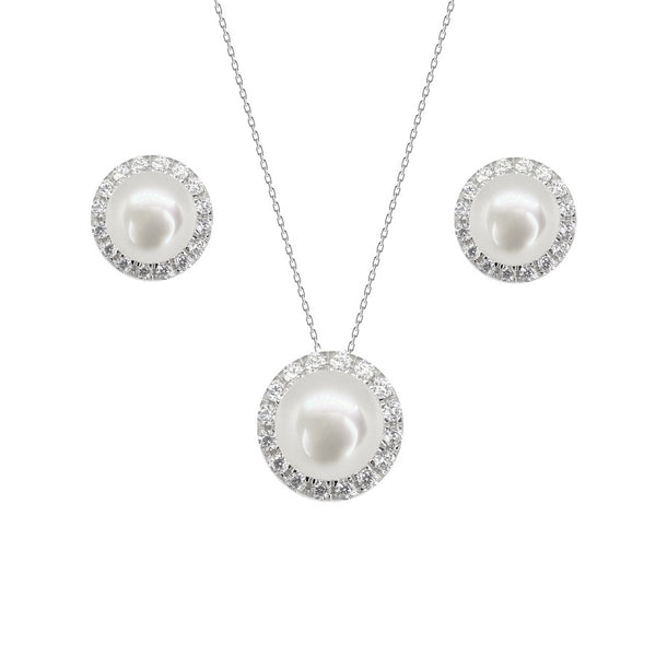 Pearl & Cubic Zirconium <BR/>Pendant & Earrings Set