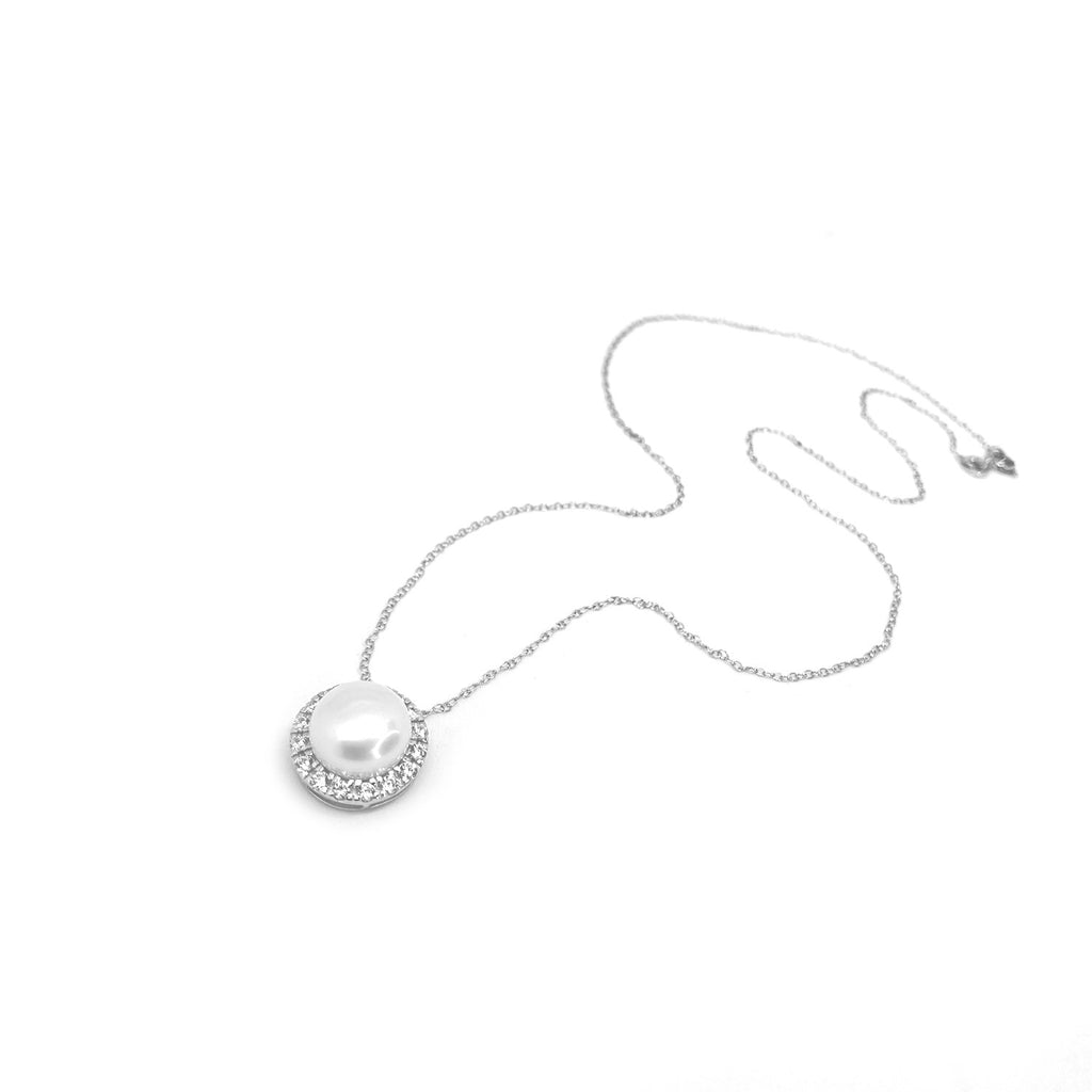 Pearl & Cubic Zirconium Pendant<BR/>Cluster Necklace