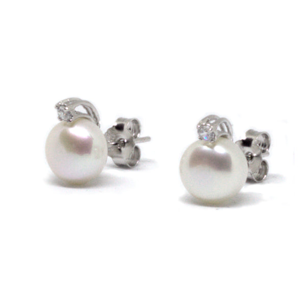 White Pearl & Cz Silver <BR/>Stud Earrings