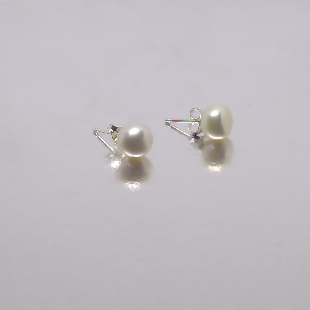 White Deep Button Pearl <BR/>Stud Earrings