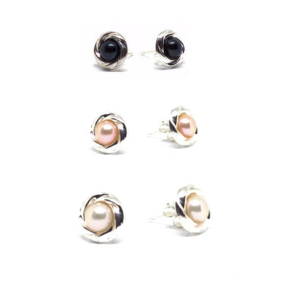 Set of 3 Pearl and<BR/>Silver Stud Earrings