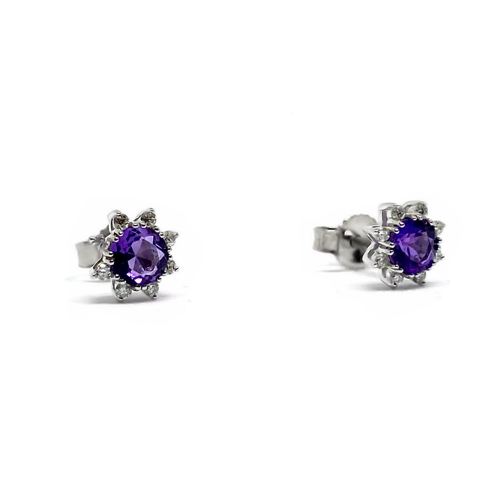 Amethyst and Diamond <BR/>White Gold Earrings