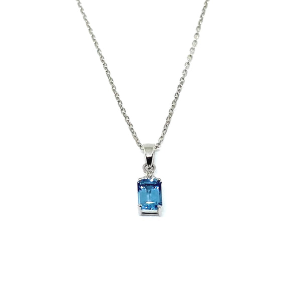 Emerald Cut Blue Topaz & Diamond<BR/>White Gold Pendant