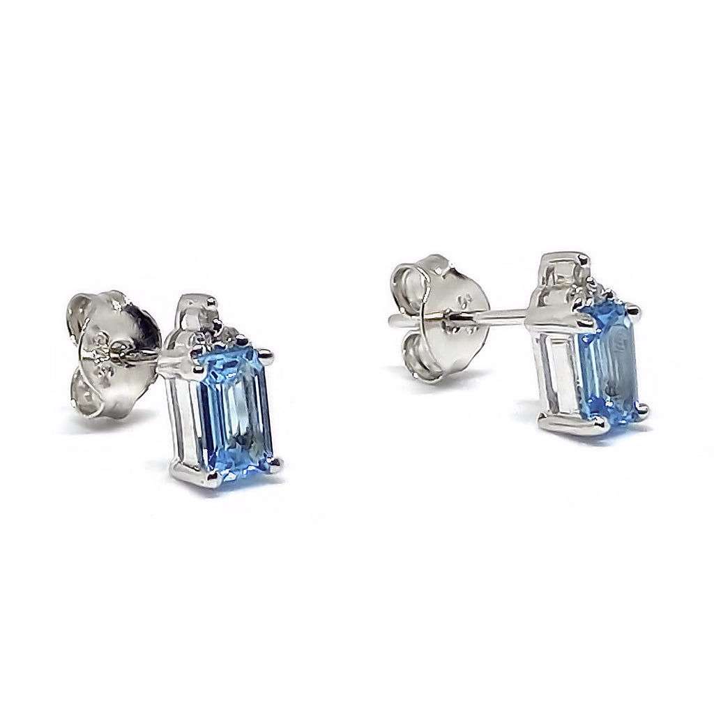 Emerald Cut Blue Topaz & Diamond<BR/> White Gold Earrings