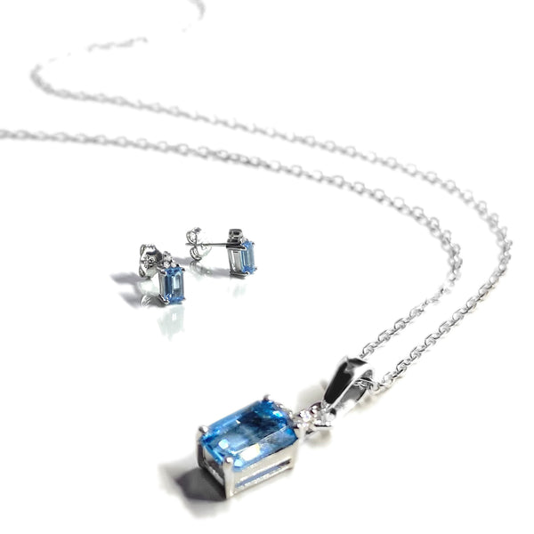 Emerald Cut Topaz & Diamond <BR/>White Gold Pendant & Earrings Set
